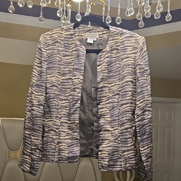 Adrianna Papell Silk Women's Patterned Blazer - Gray and Silver - Picture 1 of 15